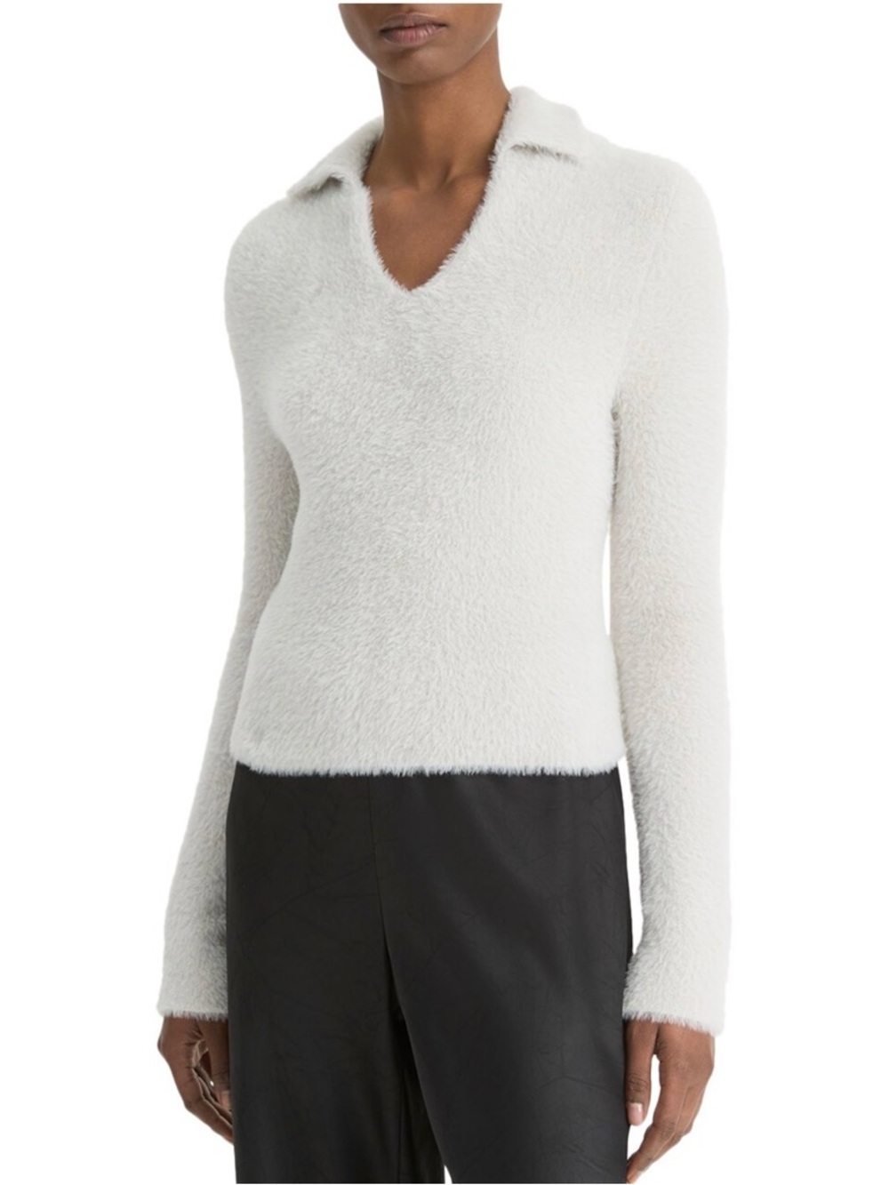 NEW Vince Eyelash Polo Sweater in Light Birch Stone (Gray), M